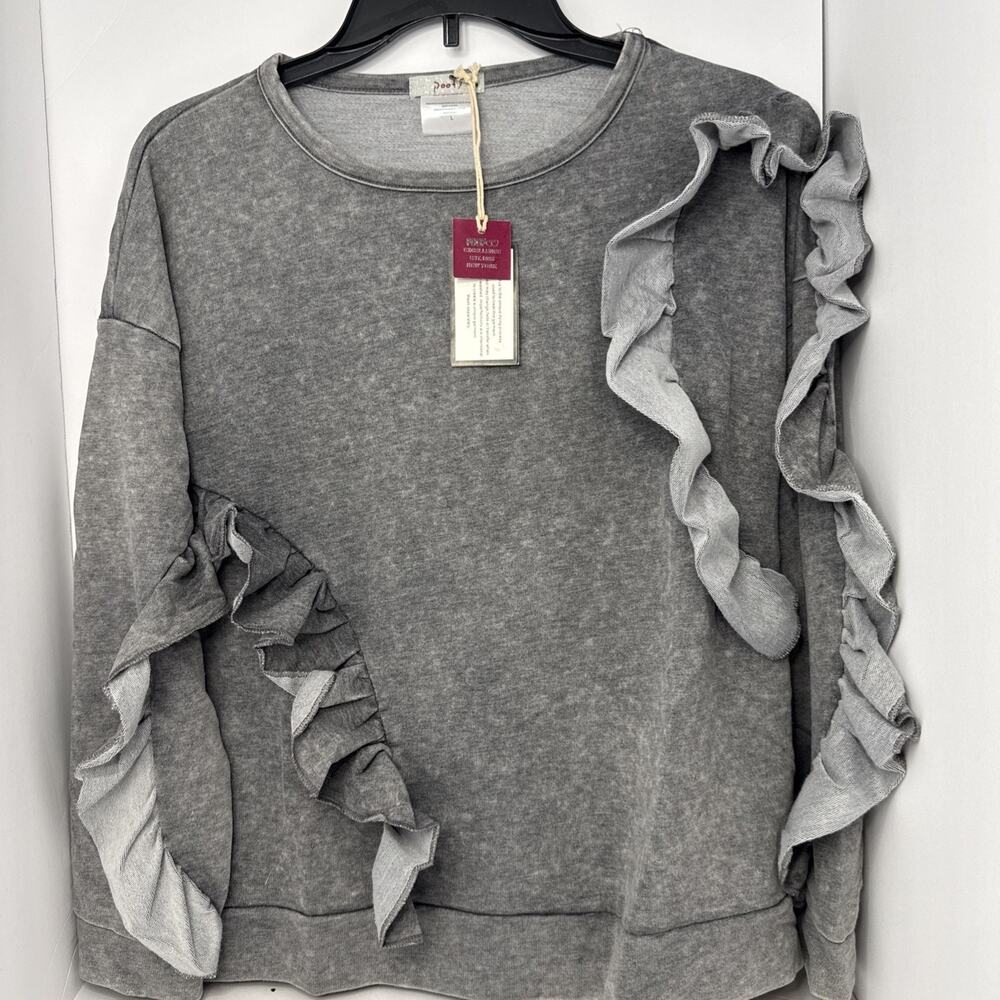NWT Poof Women's Size L Gray Sweatshirt Drop Shoulder Ruffle Accent